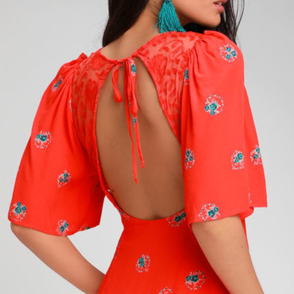 NEW Free People Mockingbird Backless Lace Mini Dress Coral Red Floral Size S - Picture 2 of 12
